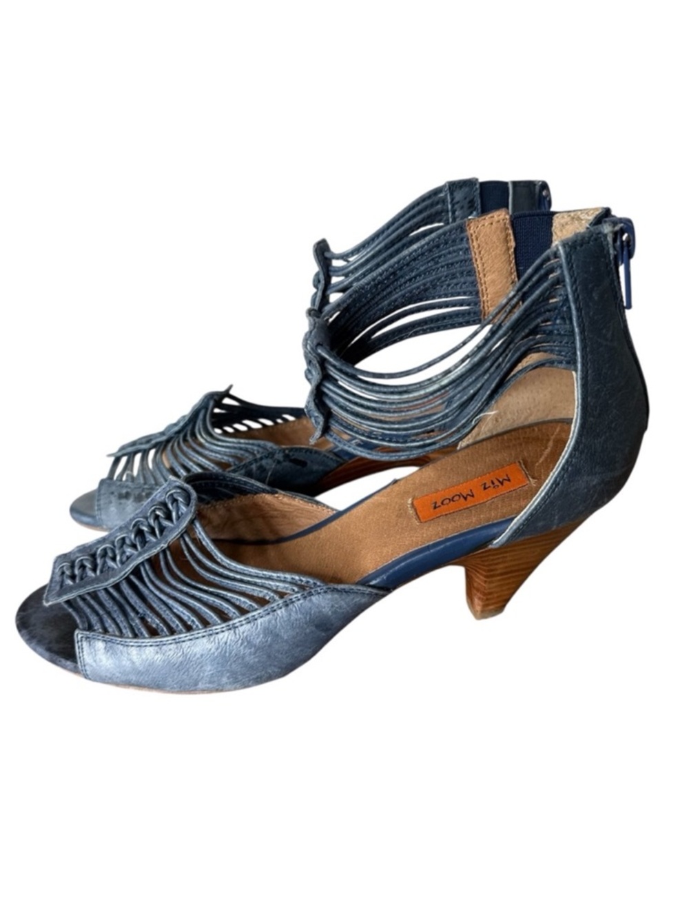 MIZ MOOZ Blue Leather Watson Braided Sandals Strappy Kitten Heel Size 7 *Flaw
